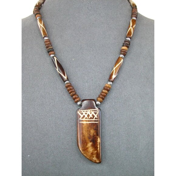 Handcrafted Tribal Style Wood Pendant Necklace With Engraved Detailing On Adjust - Picture 1 of 4